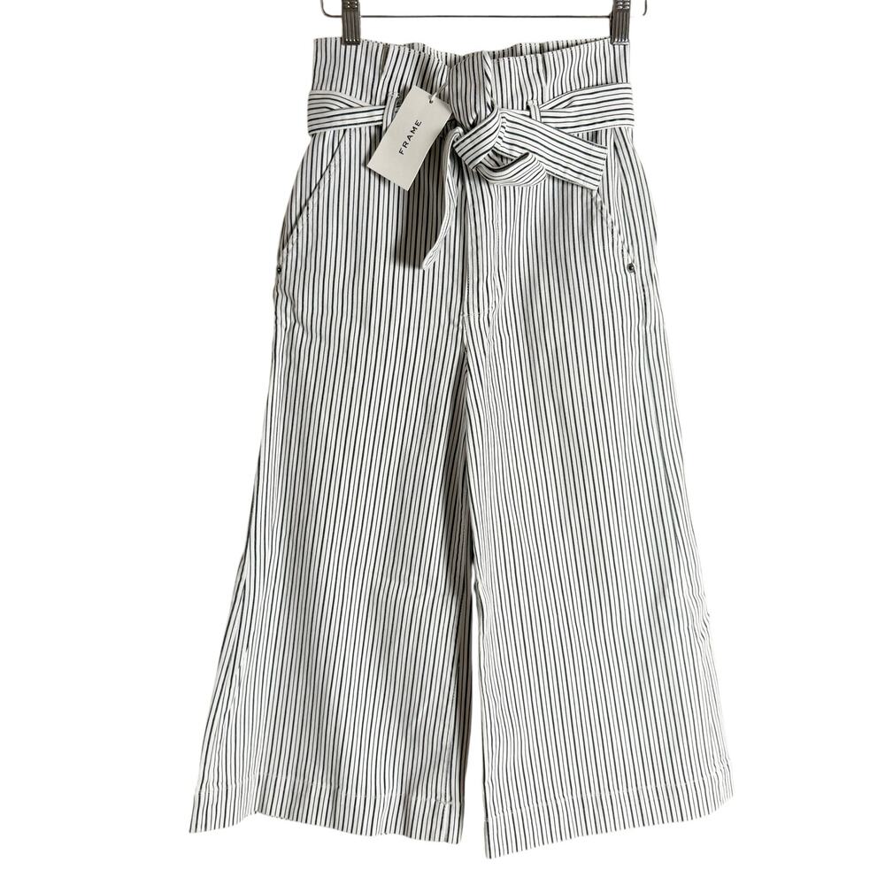 Frame White Striped Belted High Rise Wide Leg Cropped Culotte Pants Size 25 - Picture 2 of 10
